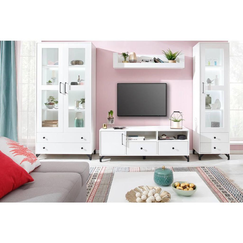 Wohnzimmer Set – 5 Teile – BERGEN System – Vitrine – Vitrine – TV Lowboard – Couchtisch – Regal – Weiß / Hochglanz – Stauraum mi...