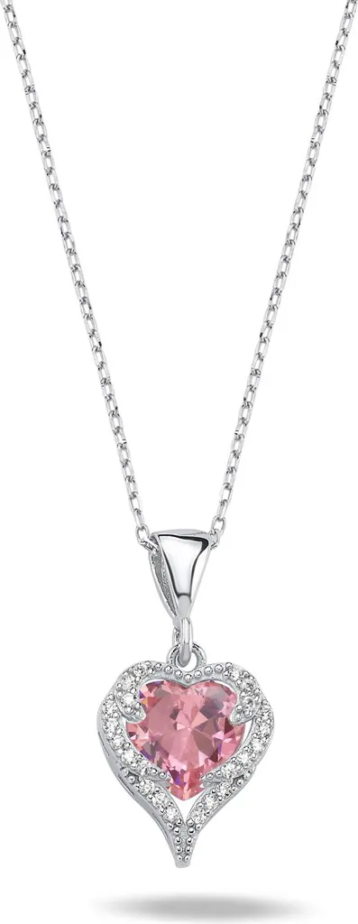 Cadeau romantique collier cœur femme argent et pierre rose pour fête