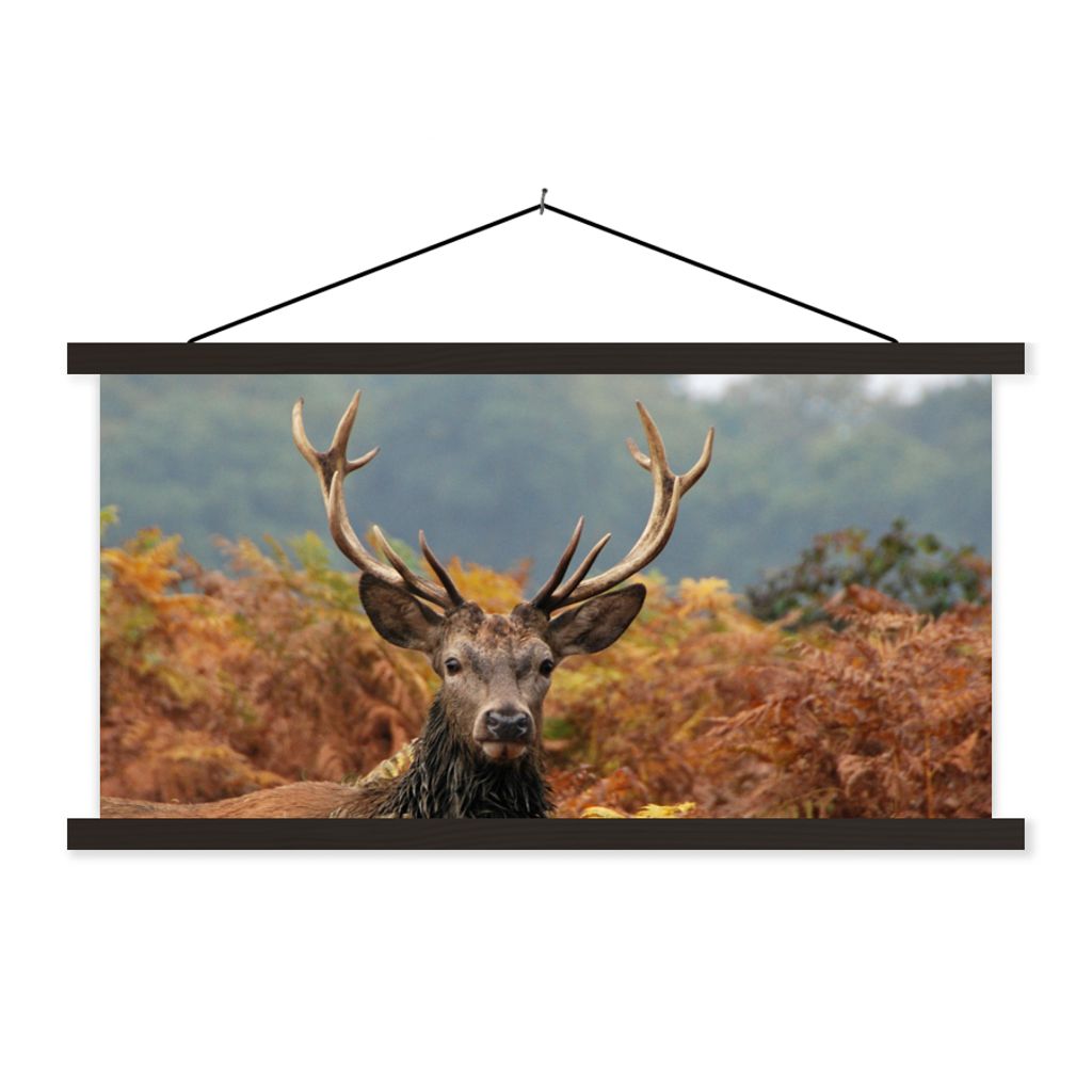 MuchoWow Textilposter Hirsch - Baum - Herbst 90x45 cm mit schwarzem Rahmen - Klemmleisten