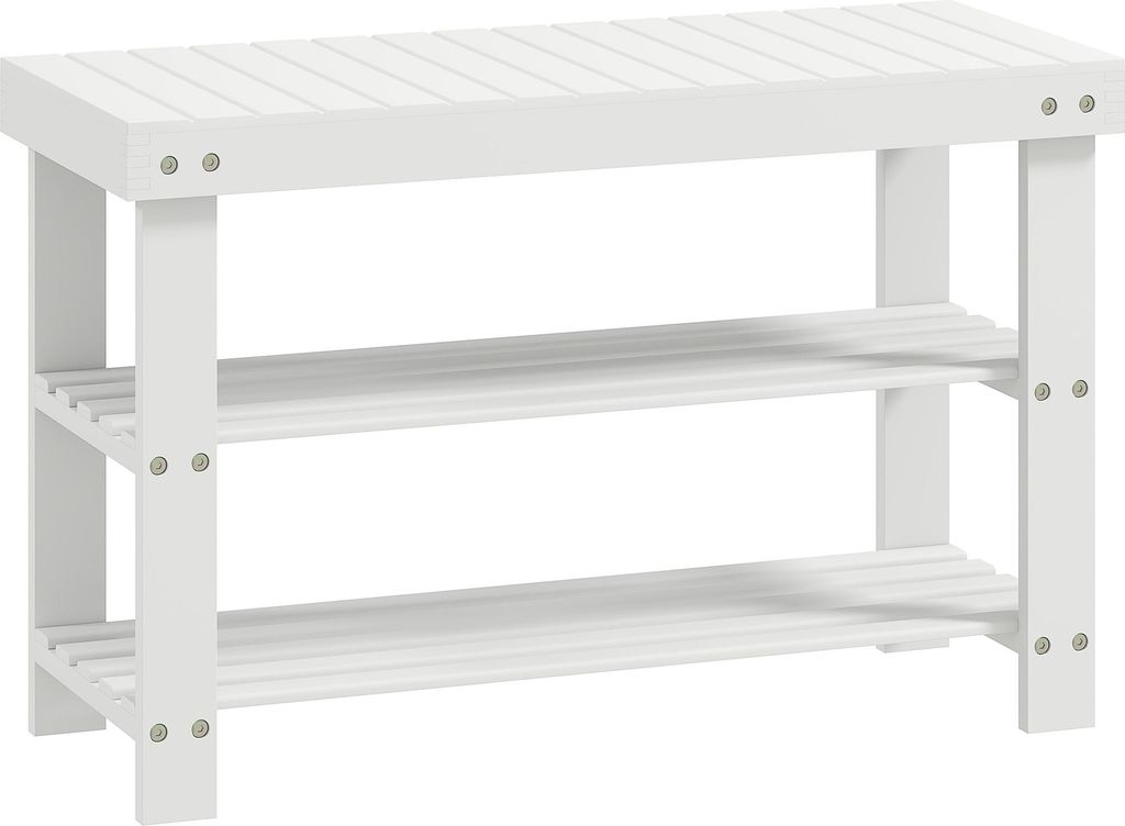 Schuhbank Bambus mit 2 Ablagen, Sitzbank mit Stauraum, für Flur, 70x28x45 cm, Weiß