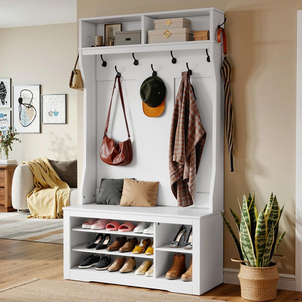 Garderobe mit Schuhbank, Kleiderschrank mit 9 Haken und Oberschrank, verstellbare Einlegeböden, Schuhschrank, 100 x 35 x 180,5 cm, Weiß
