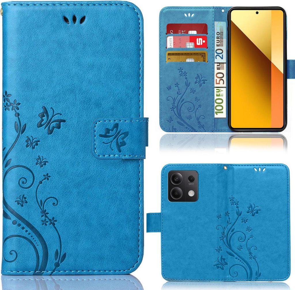 Handy Tasche für Xiaomi Redmi Note 13 5G Schutz Hülle Handyhülle mit Blumenmuster Klapp Hülle mit Standfunktion und Kartenfächer Blau