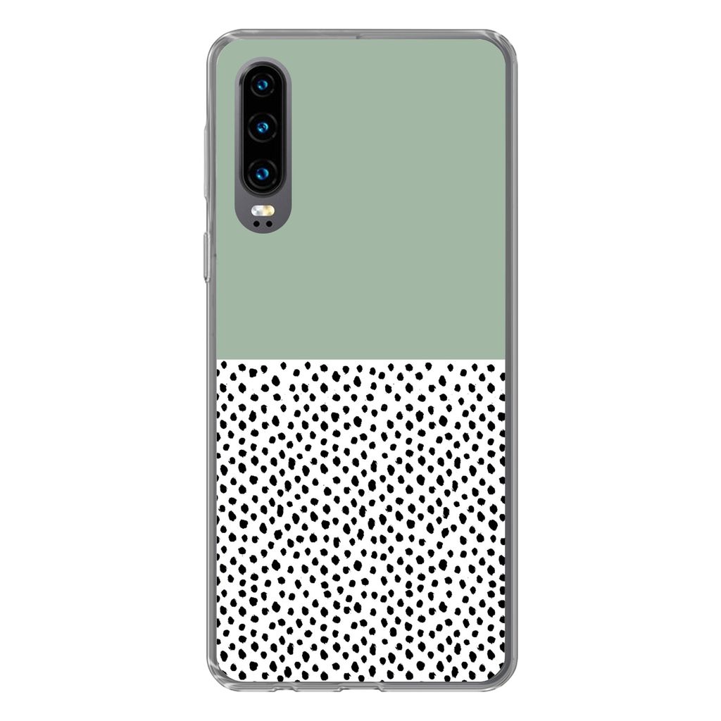MuchoWow Handyhülle Schutzhülle Hülle für Huawei P30 Polka dots - Grün - Schwarz Silikon Softcase Handy Hülle - Kartenbesitzer