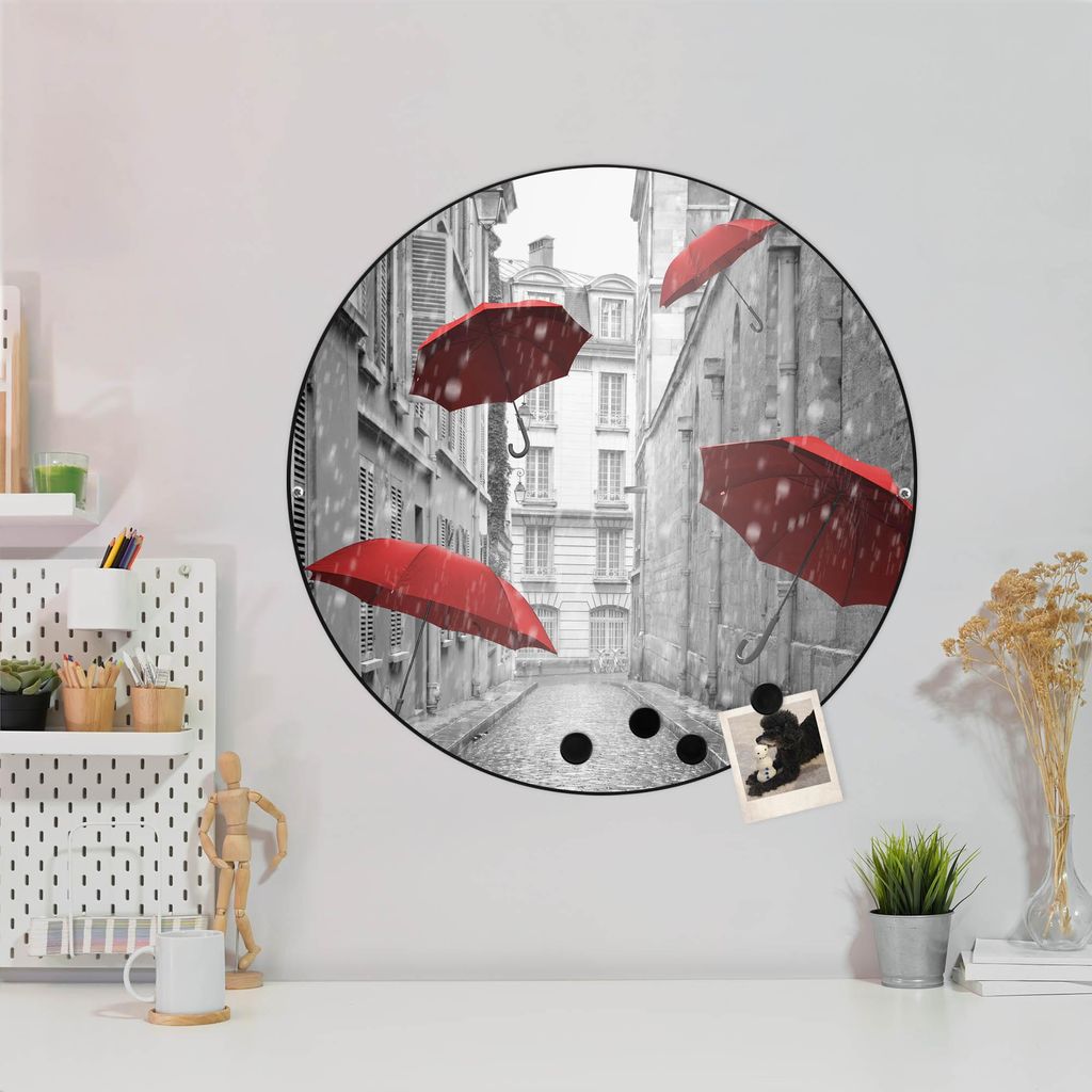 Design Stahlmagnettafel Schwarz Rund 47cm Rote Schirme