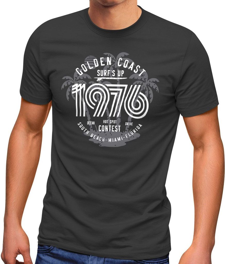 Herren T-Shirt Surf Design Retro Style Schriftzug Golden Coast Miami Florida USA Fashion Streetstyle Neverless dunkelgrau XL