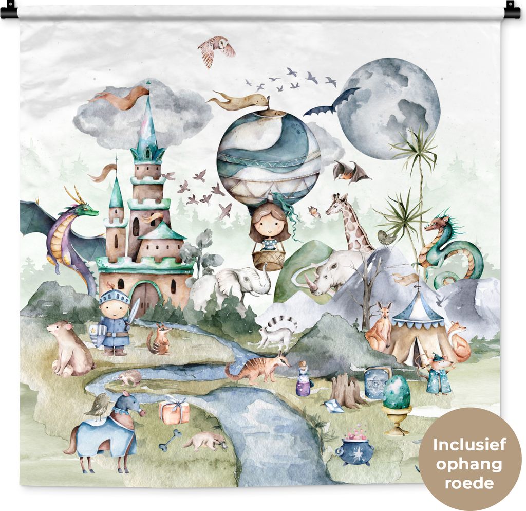 MuchoWow Wandteppich Wandbehang Kinder - Heißluftballon - Drache - Jungen - Burg - Aquarell 90x90 cm Tapisserie Dekoration Wandtuch - Wandaufhä...