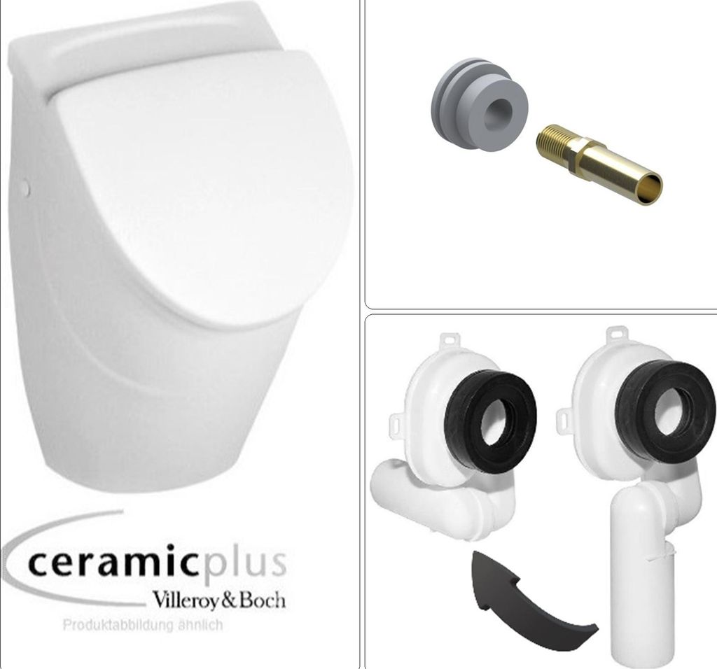 VILLEROY & BOCH O.NOVO Keramik Absaug Urinal mit CeramicPlus Beschichtung & Deckel, Ablauf- und Einlaufgarnitur