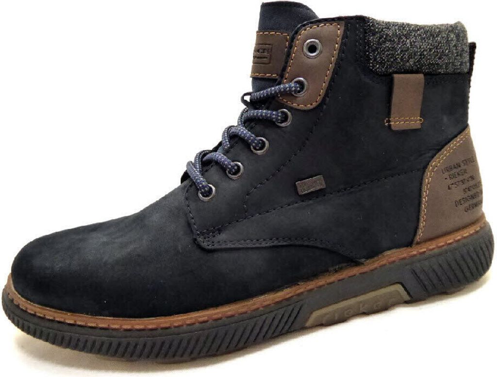 A single blue leather boot with brown accents and a gray fabric cuff, shown against a white background.