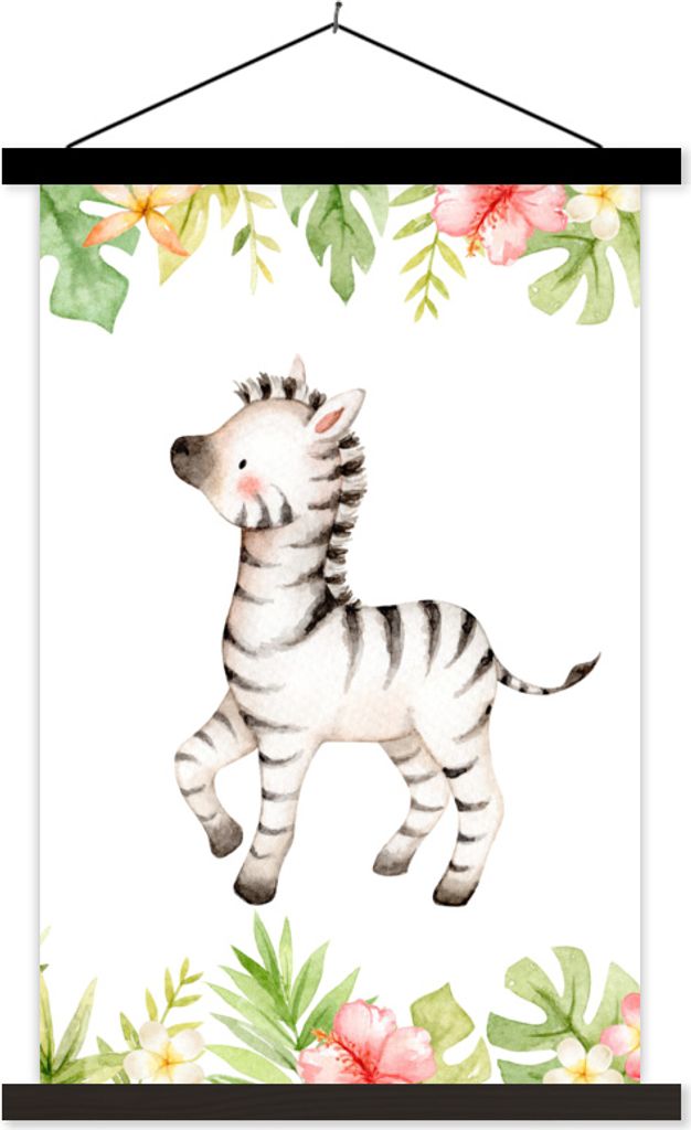 MuchoWow Textilposter Zebra - Dschungel - Blumen - Pflanzen 120x180 cm mit schwarzem Rahmen - Fotos
