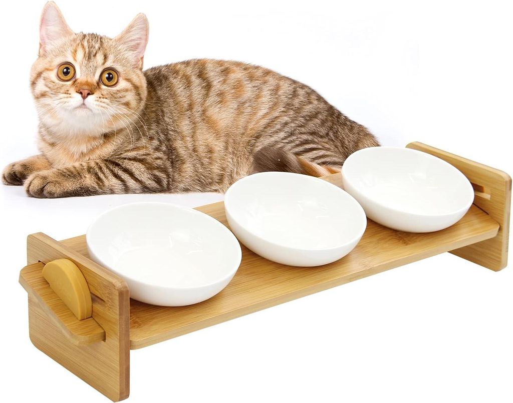 Keramische doppelte Futterstation mit rutschfestem Bambus-Halter und Silikon - geeignet für Katzen und Welpen