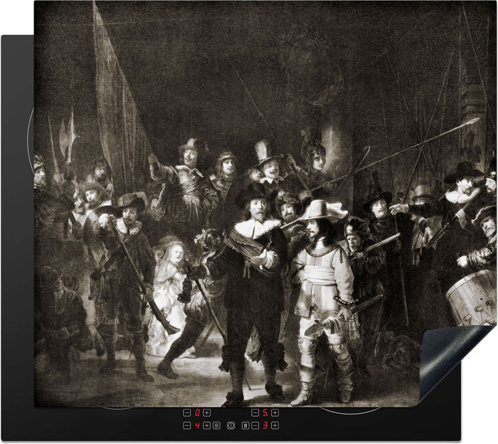KitchenYeah Herdabdeckplatte Die Nachtwache in Schwarz und Weiß - Rembrandt van Rijn , 58x51cm, Küche Deko, Glaskeramikfeld Herdabdeckung, Abde...