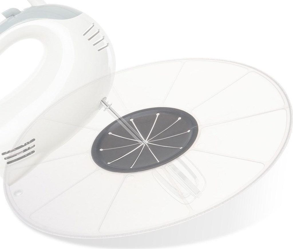 A close-up view of a hand mixer with a clear splash guard attached.