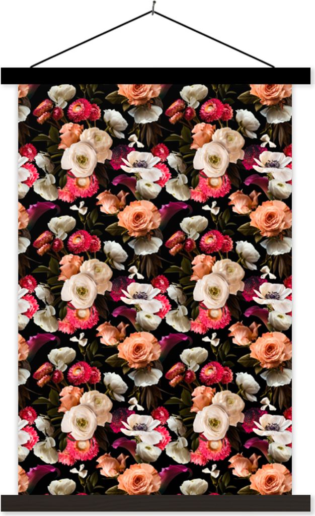 MuchoWow Textilposter Blumen - Muster - Pastell 60x90 cm mit schwarzem Rahmen - Poster Wohnzimmer