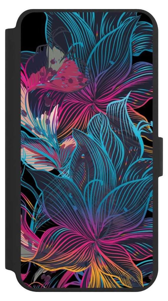 NIVOCASE Klapphülle für Samsung Galaxy S24+ Handyhülle aus Kunst Leder NIVOflip schwarz Blumen Neon bunt