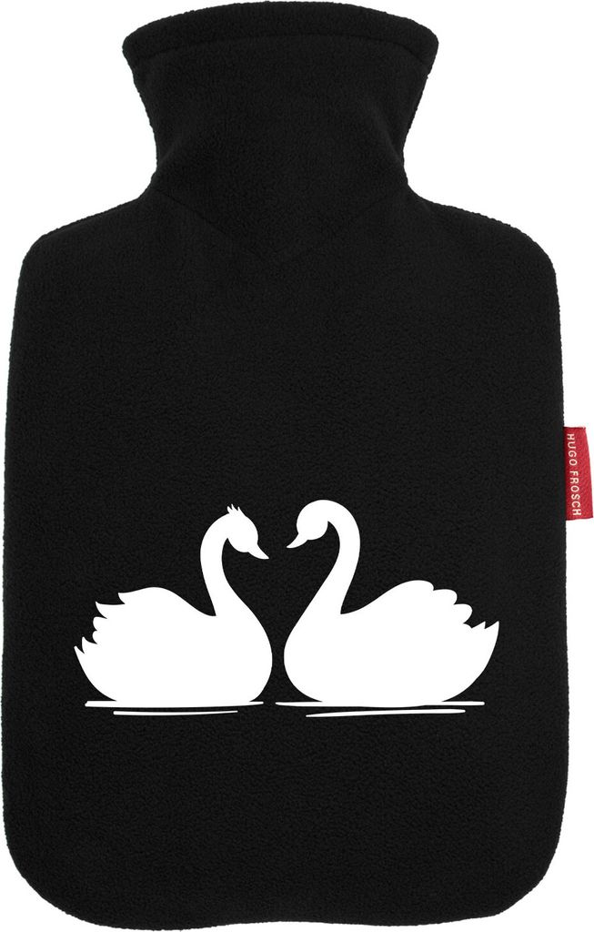 Huuraa Wärmflasche Schwan Pärchen 1,8 Liter Black Classic Veloursbezug Bettflasche Geschenkidee
