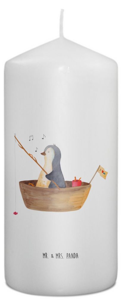 Mr. & Mrs. Panda Kerze Pinguin Angelboot 15 x 7 cm - Weiß - Geschenk, Optimistisch, Genießen, Angeln, Blockkerze, Erinnerungskerze, Boot, Stumpen...