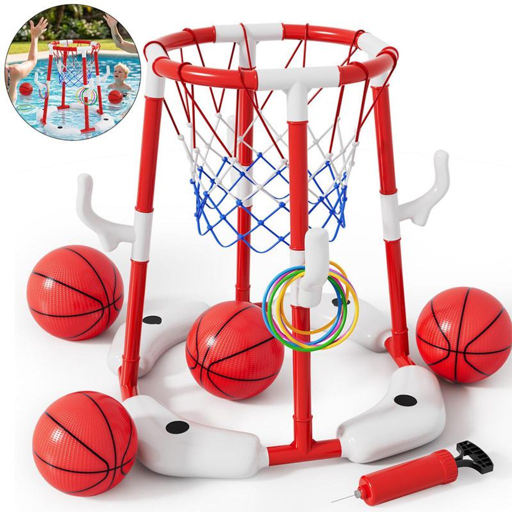 Pool-Basketballspielzeug, Schwimmender Basketballkorb für den Pool mit 4 Bällen, 12 Ringen und Pumpe Ideal für Kinder und Erwachsene,um Spaß im...