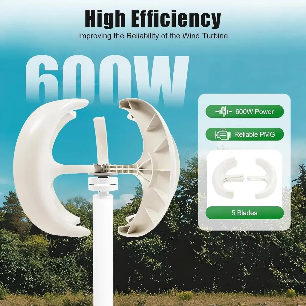 Éolienne Verticale Lanterne 600W 12V avec Régulateur de Charge Blanc