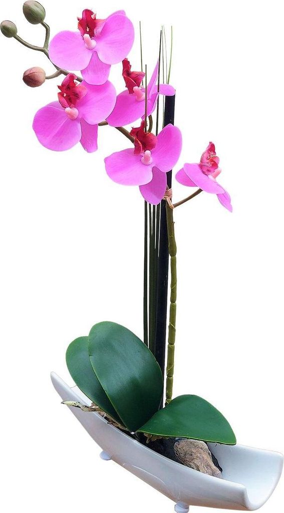 artplants.de Künstliches Gesteck Orchidee Phalaenopsis YANNIE, Schilf, Keramikschale, Cerise, 30cm - Orchideengesteck
