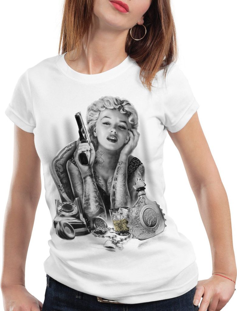 style3 Marilyn Tattoo Heartbreaker Damen T-Shirt rock monroe tätowiert biker usa, Farbe:Weiß, Größe:XL