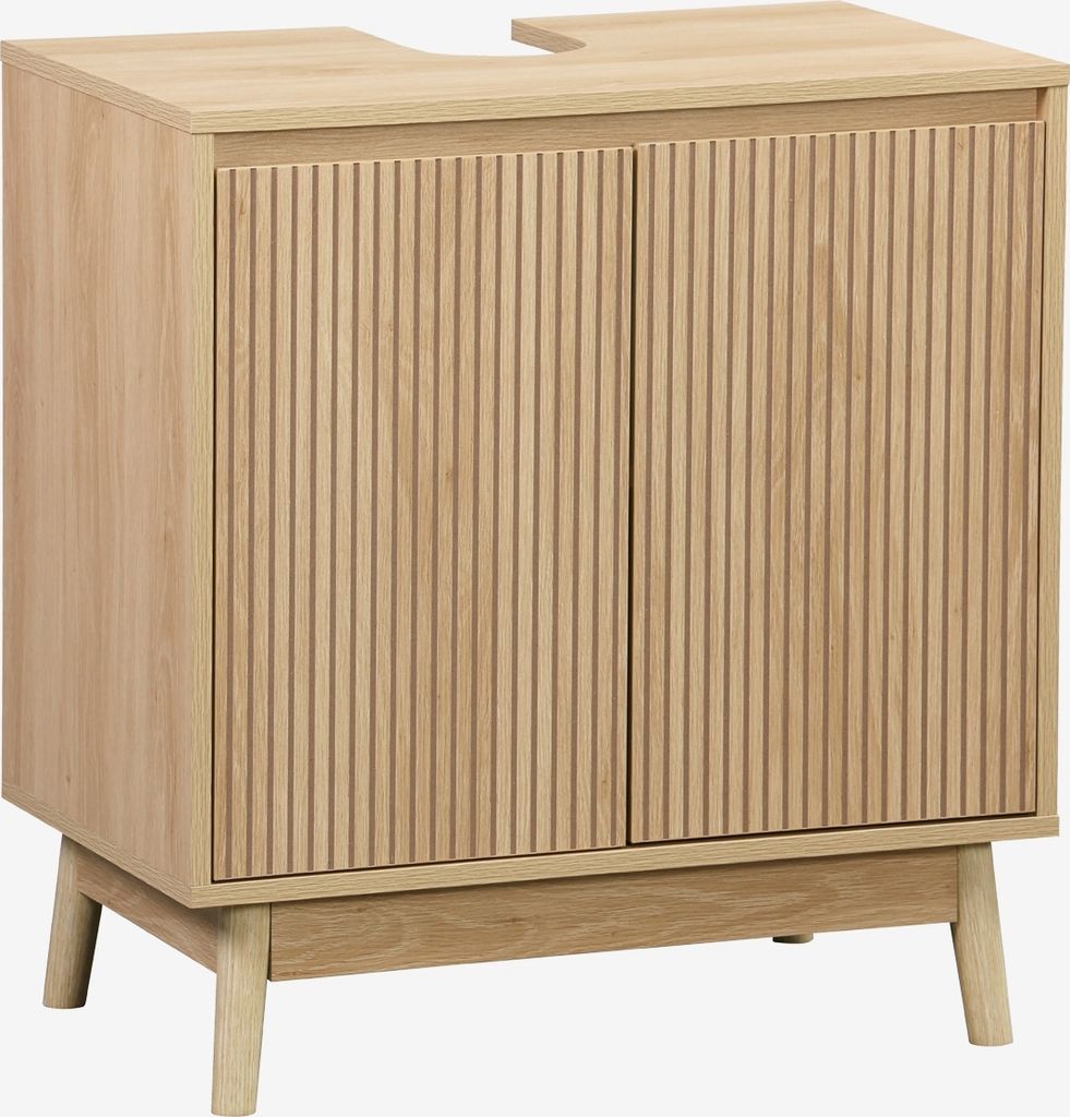 A light wood vanity cabinet with fluted doors and angled legs, shown against a white background.