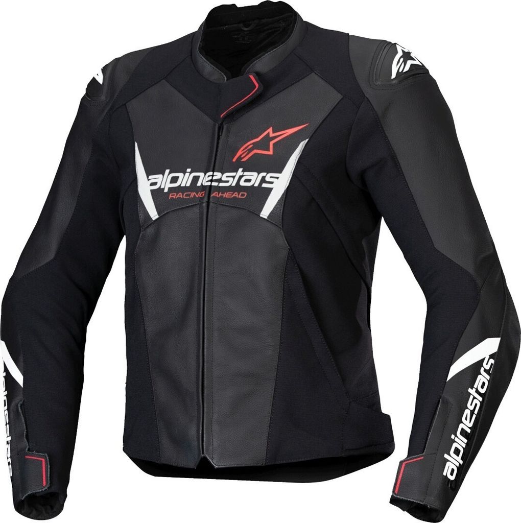 Alpinestars Stella Faster V3 Damen Motorrad Lederjacke, schwarz/weiß/fluo-koralle, 42