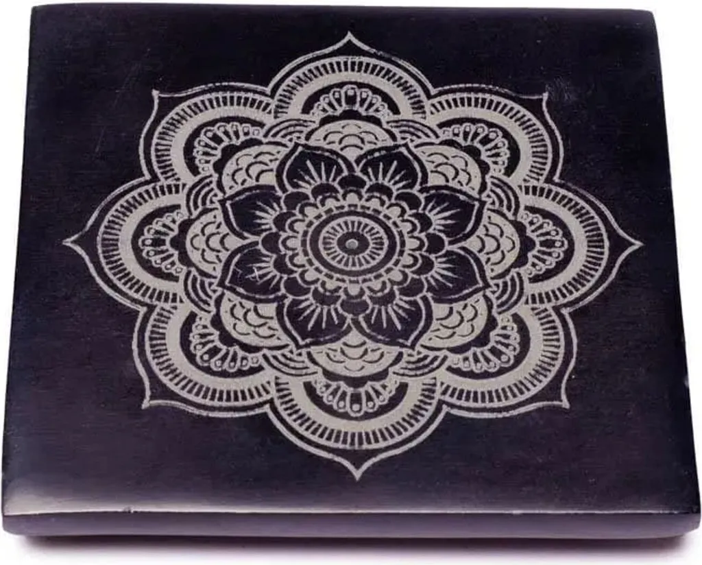 Brûle-encens en pierre à savon noire Mandala 10,5 cm - Lot de 3 pièces