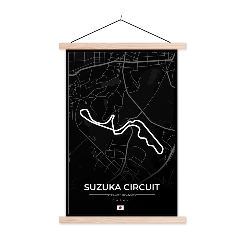 MuchoWow Textilposter F1 - Rennsport - Japan - Suzuka Circuit - Rennstrecke - Schwarz 60x90 cm mit holzfarbenen Rahmen - Textil