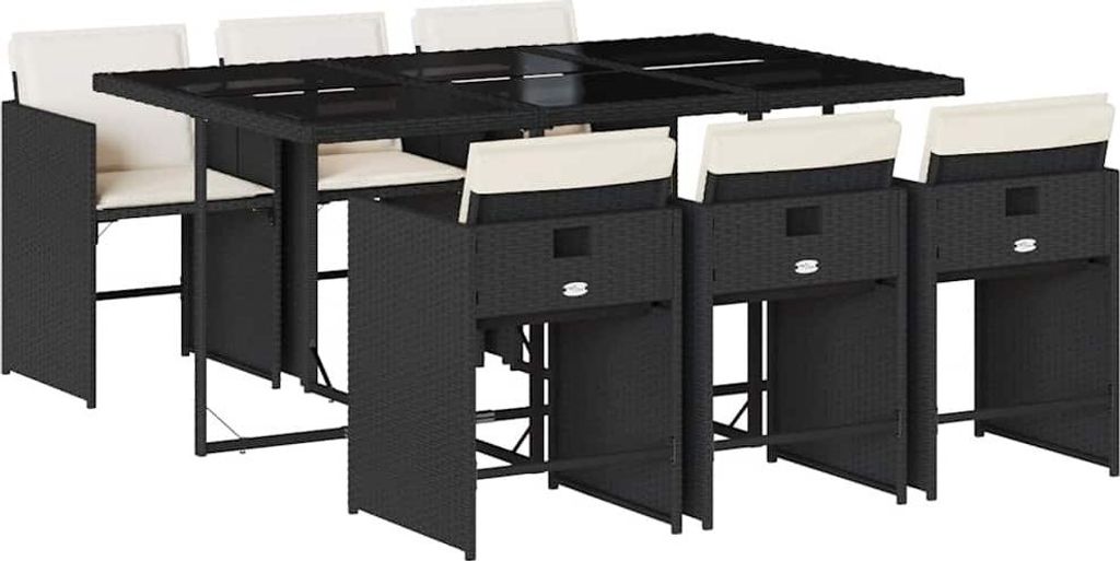 vidaXL 7-tlg. Garten-Essgruppe mit Kissen Schwarz Poly Rattan