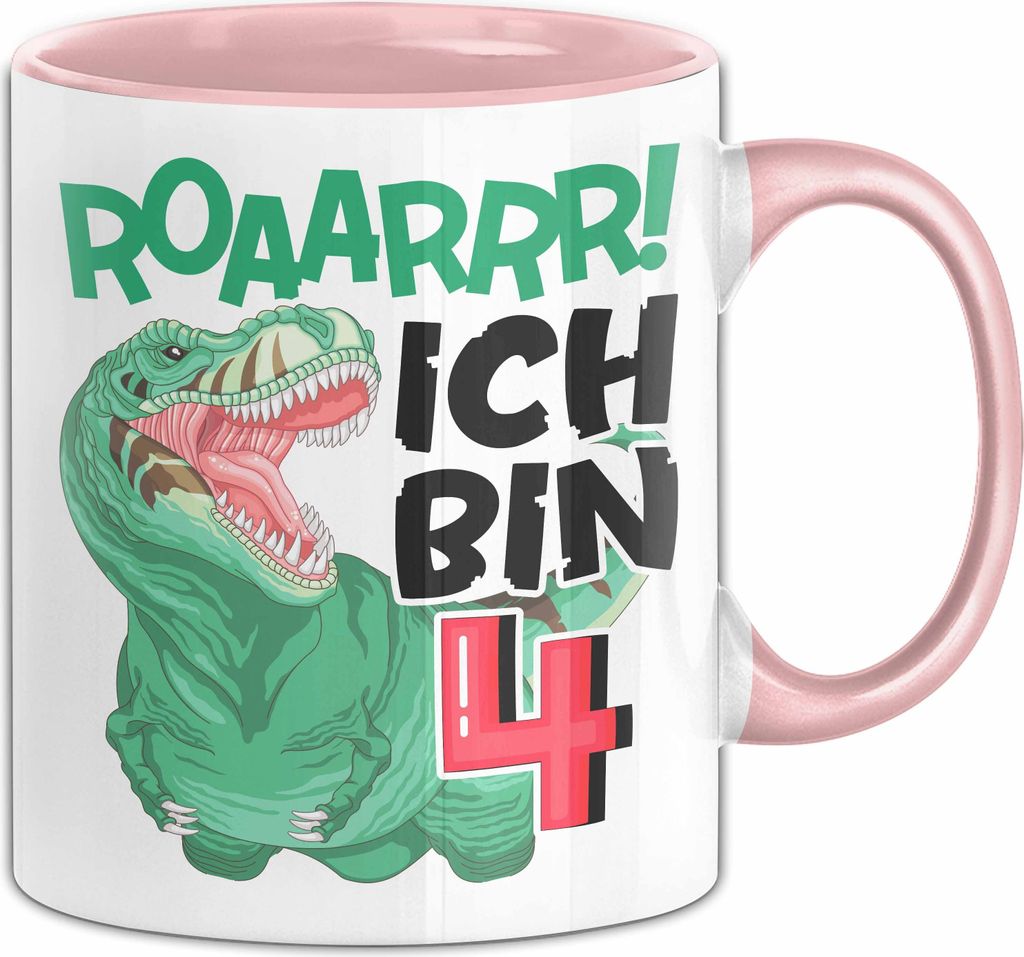 4. Geburtstag Geschenk Tasse Becher Jungs Dino T-Rex Roaarrr Ich Bin 4 (Rosa)