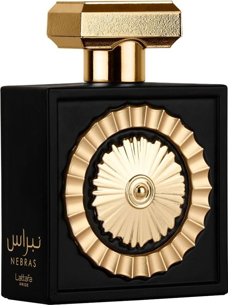 A black perfume bottle with gold accents and decorative elements, presented on a white background.