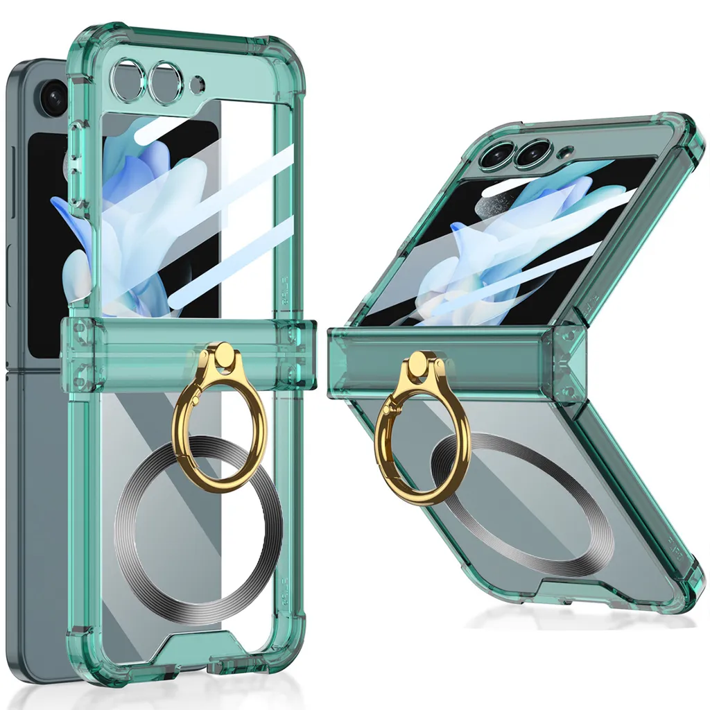 Cover Elegante Verde per Samsung Z Flip 5 con Anello e Protezione Vetro