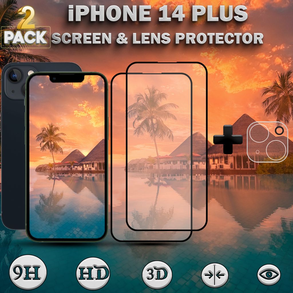 2-PACK iPhone 14 Plus Displayschutzfolie und Objektivschutz aus 9H gehärtetem Glas