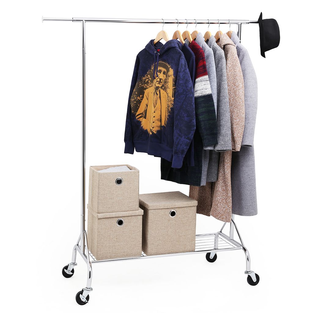 Metall Kleiderständer auf Rollen | verchromt (110,5-170,5) x 160 x 48,5 cm | Schwerlast Kleiderstange | Rollgarderobe mit Schuhablage silbern SONG...