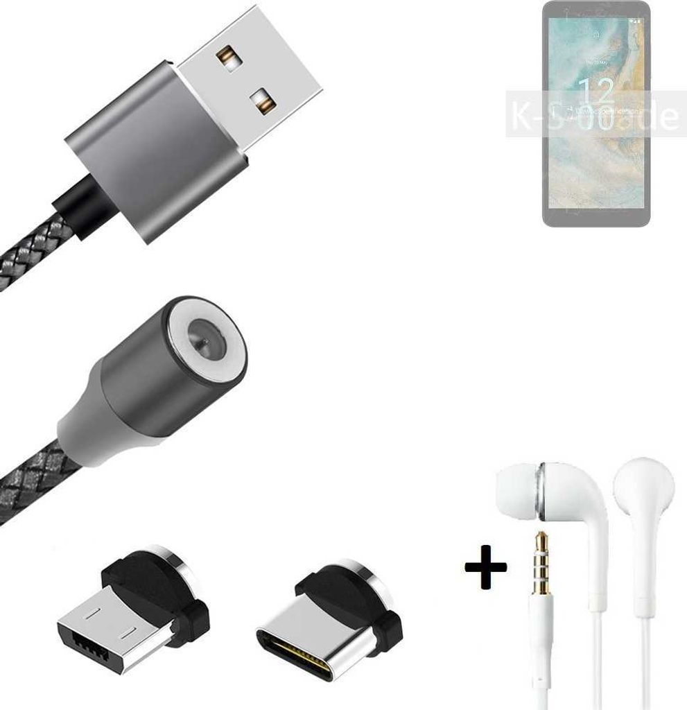 K-S-Trade Hochwertiges Magnet-Lade-kabel Sync-Kabel Daten-Kabel + Kopfhörer kompatibel mit Nokia C02 mit USB-Typ-C-Anschluss und