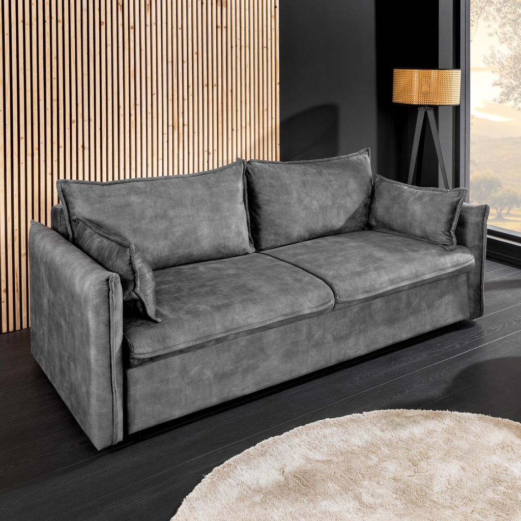 riess-ambiente Design Schlafsofa APARTMENT 215cm grau Samt 3-Sitzer Couch inkl. Bettkasten Kissen Schlafcouch Sofa