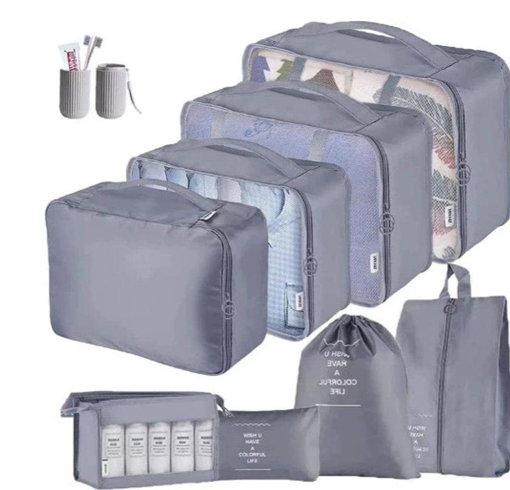 Packwürfel 9-tlg. Reisegepäck-Organizer-Set Wasserdichter Koffer-Organizer Grau