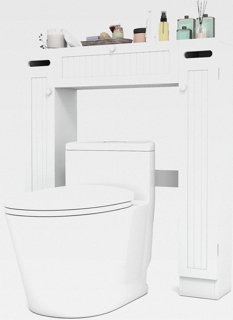Toilettenschrank über Toilette, Toilettenregal mit Toilettenpapierhaltern, 3 Türen & verstellbaren Regalen, freistehender Überbauschrank weiß f...