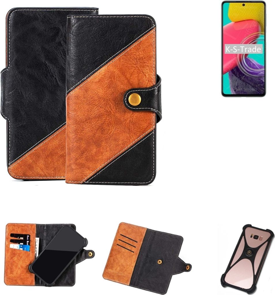 K-S-Trade Handyhülle Schutzhülle Bookstyle Case Wallet-Case kompatibel mit Samsung Galaxy M53 5G Handy Cover Bumper Klapphülle schwarz hellbraun 1x