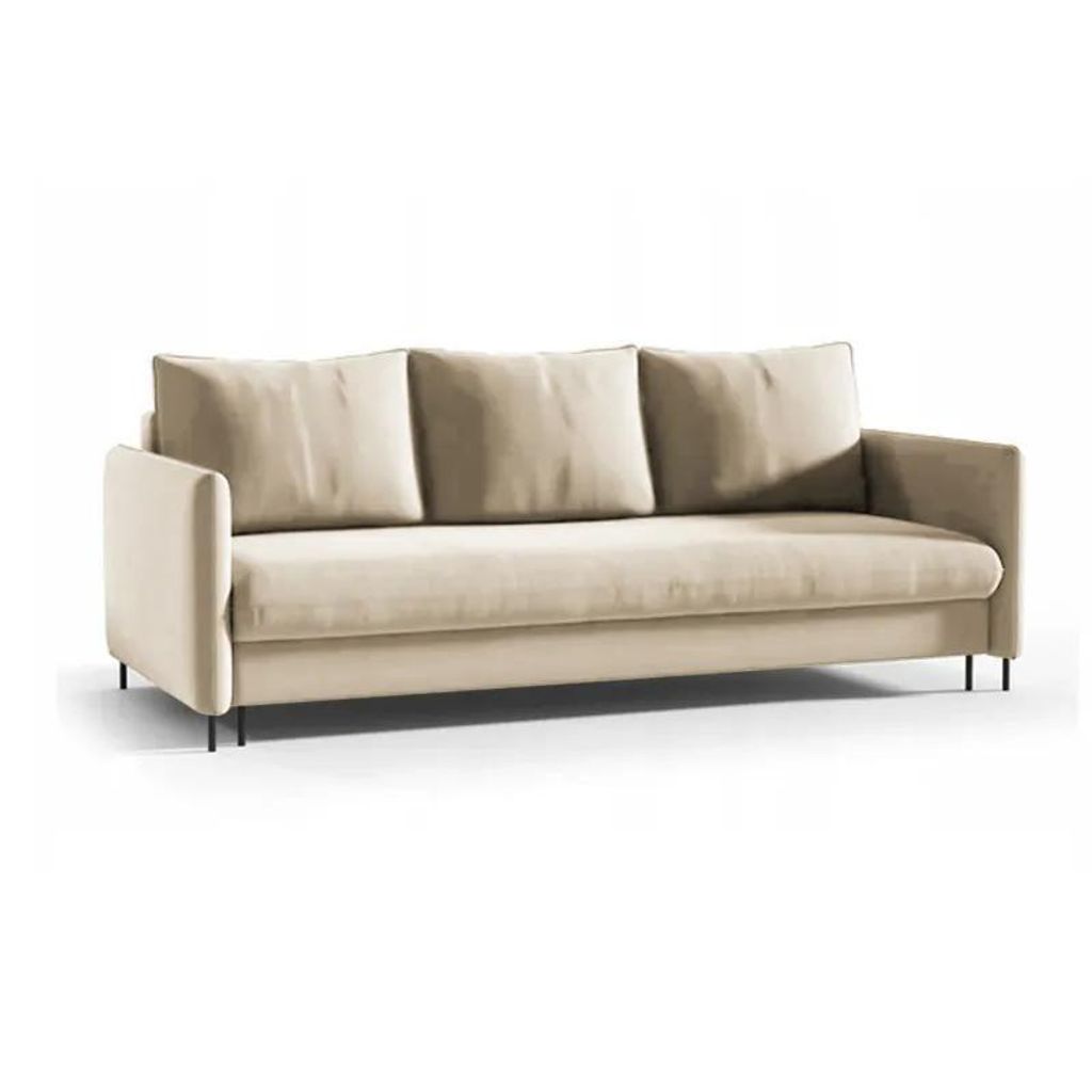 A studio shot of a beige sofa.