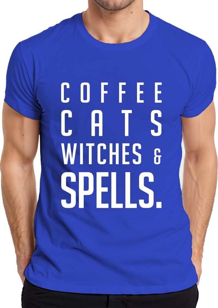 COFFEE CATS WITCHES & SPELLS. Kaffeeliebhaber Katzenfan Halloween Herren T-Shirt, Blau, XL
