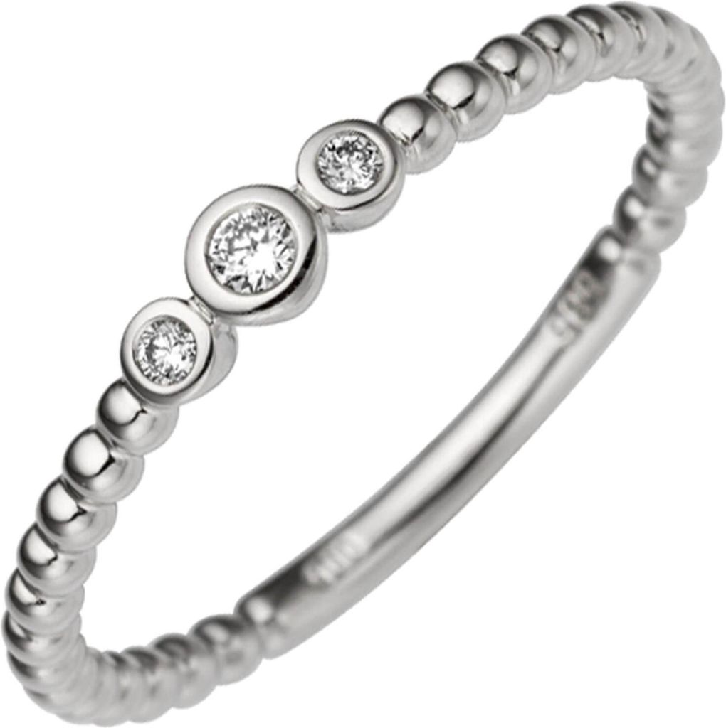 Ring Damenring mit 3 Diamant Brillanten, verkettete Kügelchen, 585 Gold Weißgold Innenumfang 50mm Ø15.9mm