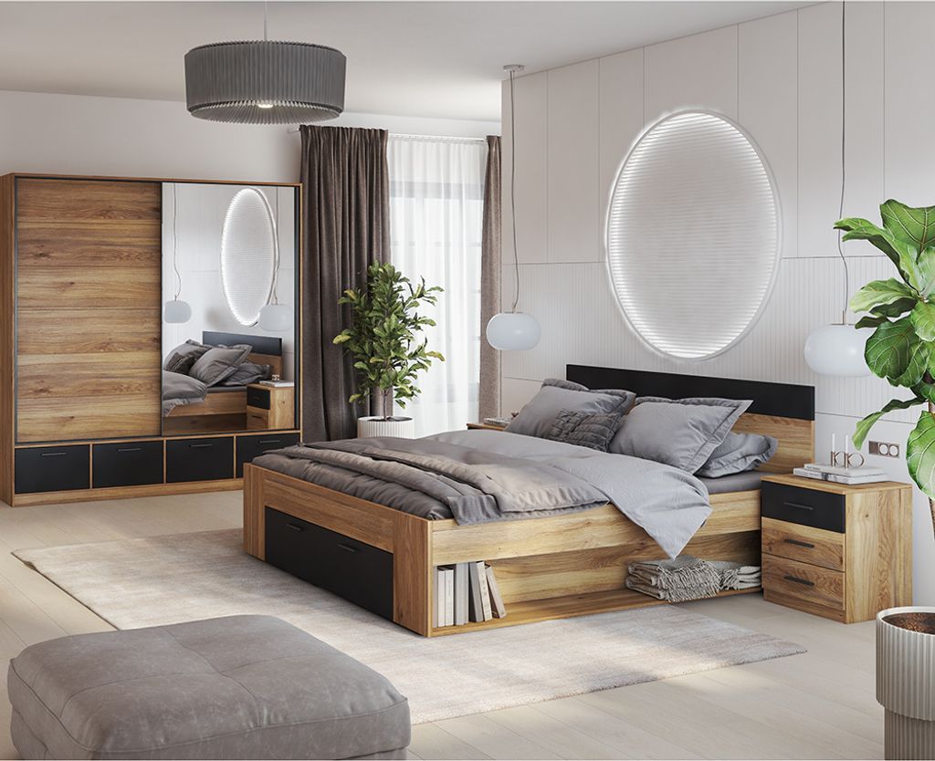 Schlafzimmer Komplett-Set mit Schwebetürenschrank und Bett 180x200 cm, Eiche mit schwarz, 4-teilig - BIRMINGHAM-83
