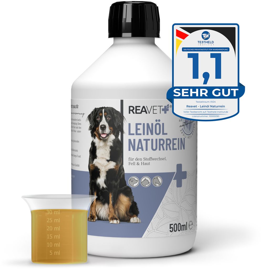 REAVET Leinöl Hunde 500 ml, Leinöl Hund, Leinöl Hunde kaltgepresst, , reich an Omega 3 & 6, Barf Zusatz Hund & Katzen, Barfzusatz Hund
