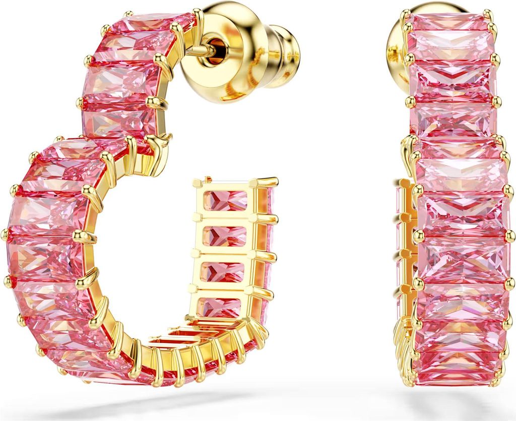 A pair of gold hoop earrings with pink baguette-cut stones.