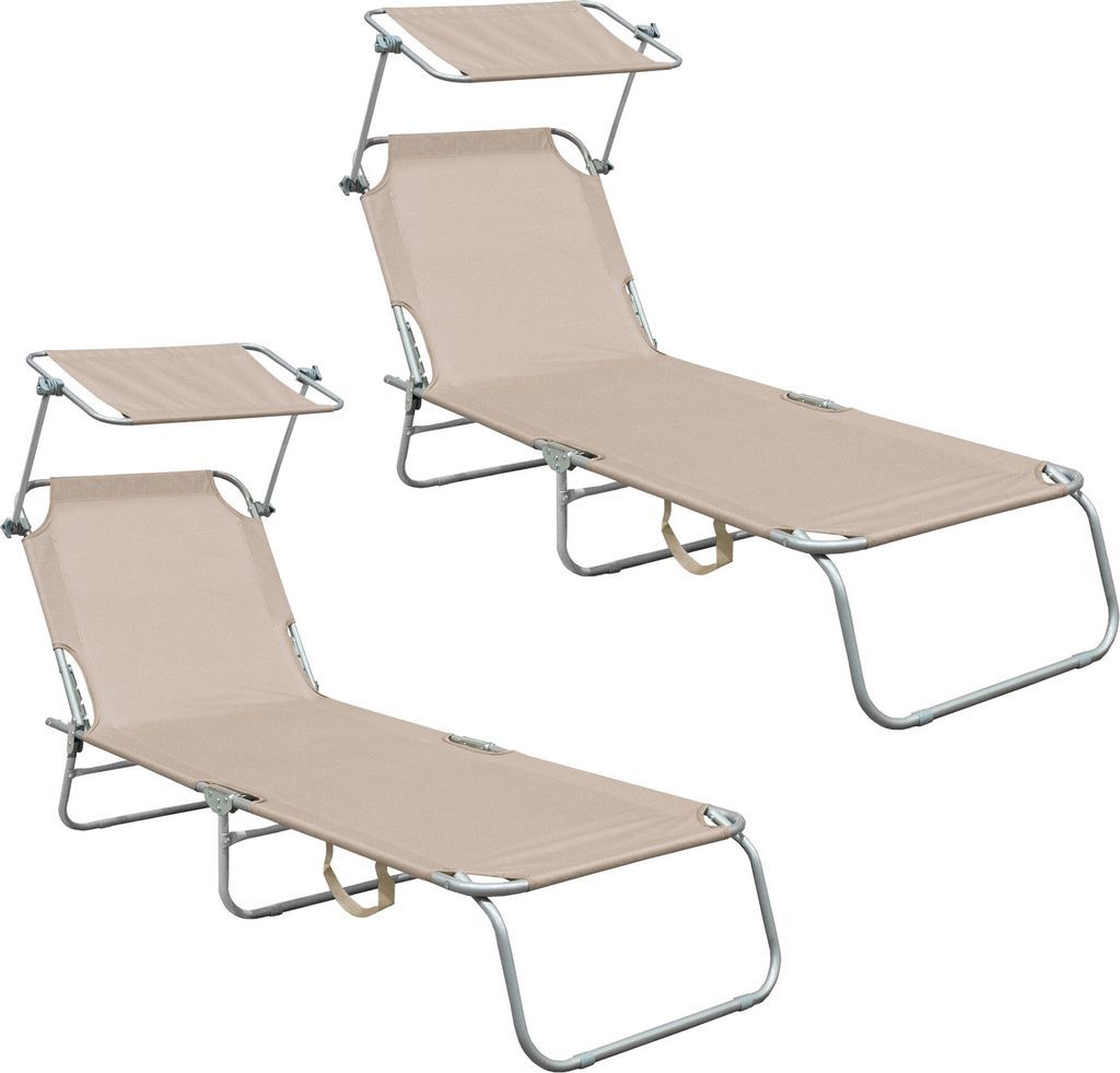Two beige lounge chairs with adjustable canopies are shown against a white background.