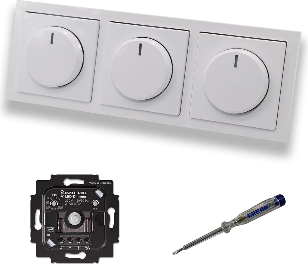 Busch Jäger 6523UR-103 (3 Stück) LED Drehdimmer Dimmer + Dimmerscheiben 6540-84-102 in Future Linear Studioweiß glänzend im 3-fach Rahmen inkl....