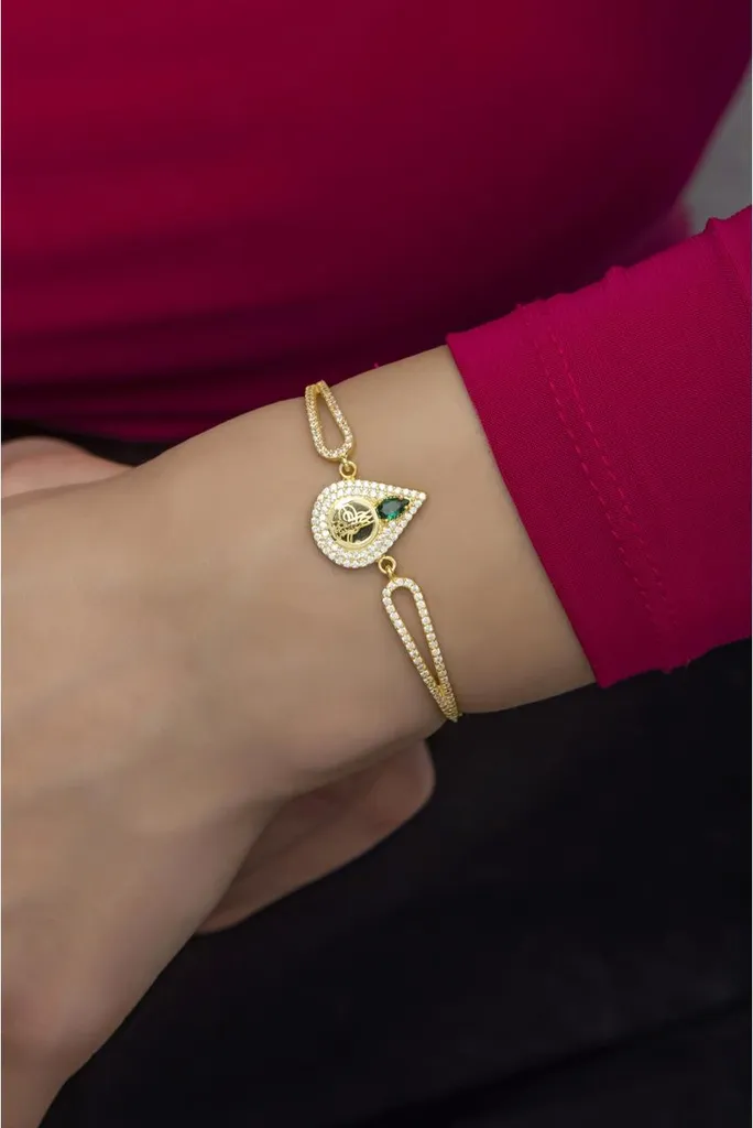 Bracelet Kelepçe en argent pour femme avec motif Tughra ottoman doré