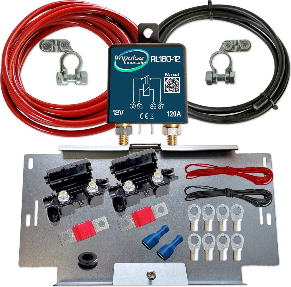 Zweitbatterieset | RL180-12 PRO | Trennrelais 12V 120A | 3,5m 10mm² Kabel | Batteriehalter VW T4-6