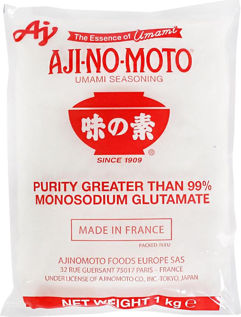 A white plastic bag of Ajinomoto Umami Seasoning.